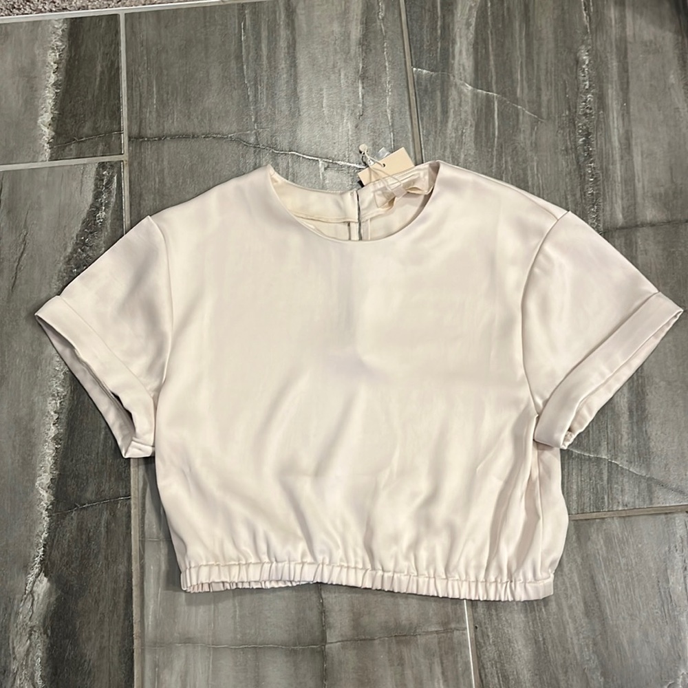 Meshki satin cropped t shirt- cream color. NWT